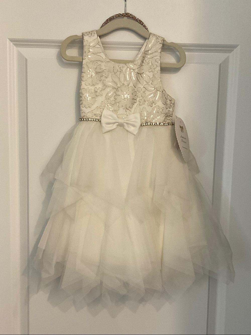 American Princess Ivory Sequin Floral Tulle Dress with Bow